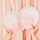 Rose gold balloon-shaped paper plates, 29cm x 24cm, pack of 8, perfect for stylish party food serving and elegant decor.