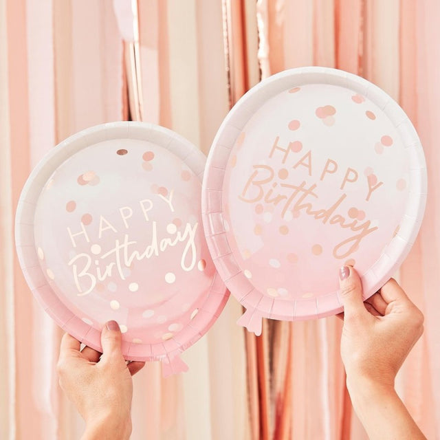 Rose gold balloon-shaped paper plates, 29cm x 24cm, pack of 8, perfect for stylish party food serving and elegant decor.