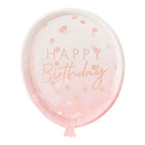 Rose gold balloon-shaped paper plates, 29cm x 24cm, pack of 8, perfect for stylish party food serving.