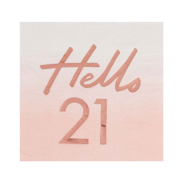 Hello 21st birthday napkins in rose gold, pack of 16, featuring elegant foil accents for stylish party decor.