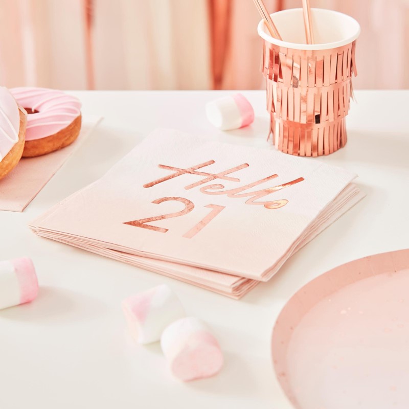 Rose gold napkins for 21st birthday, pack of 16, featuring elegant foil accents, perfect for stylish party decor.