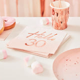 Rose gold 30th birthday napkins, pack of 16, measuring 18cm x 17cm, perfect for a stylish celebration.