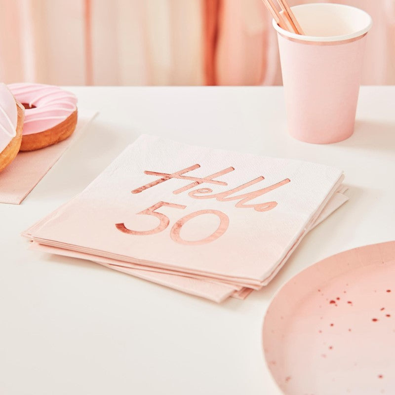 Rose gold 50th birthday napkins, pack of 16, 18cm x 17cm, with sparkling foil accents for elegant party decor.