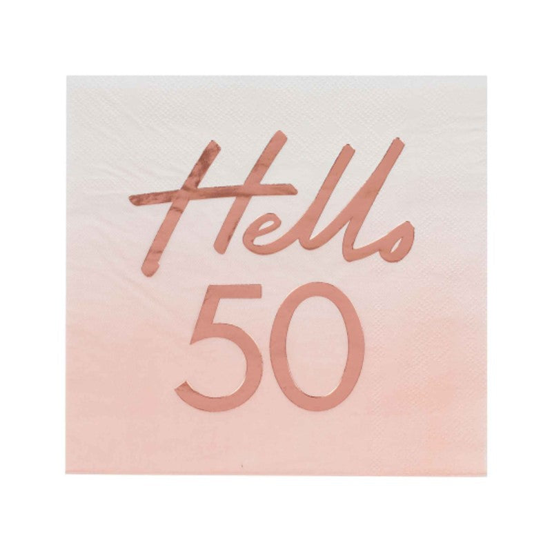 Rose gold 50th birthday napkins pack of 16, stylish and elegant with foil accents, perfect for celebrating milestones.