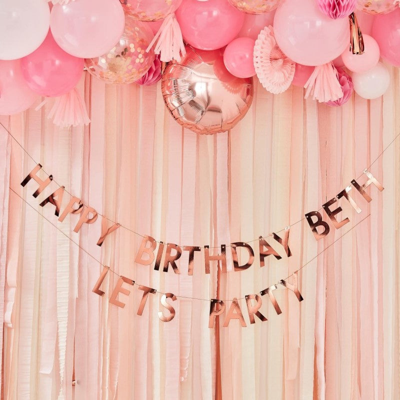 Customizable 4m rose gold birthday banner with 84 letters, perfect for adding elegance to any celebration.