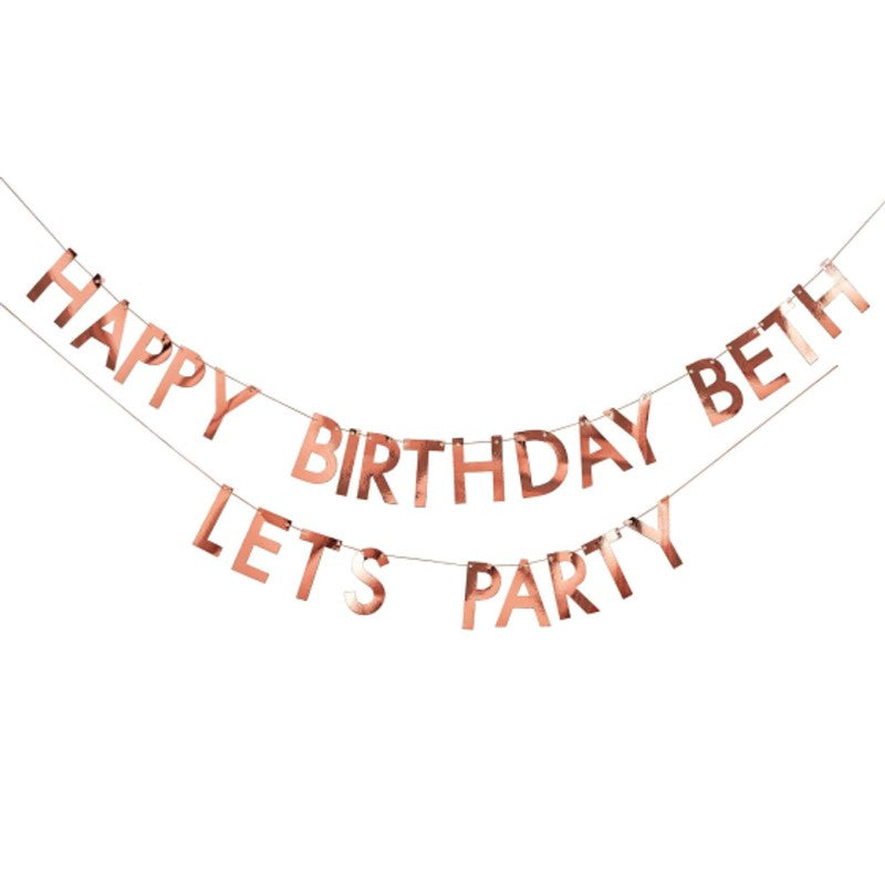 Rose gold 4m personalised birthday banner featuring 84 customizable letters, perfect for elegant celebrations and photo backdrops.