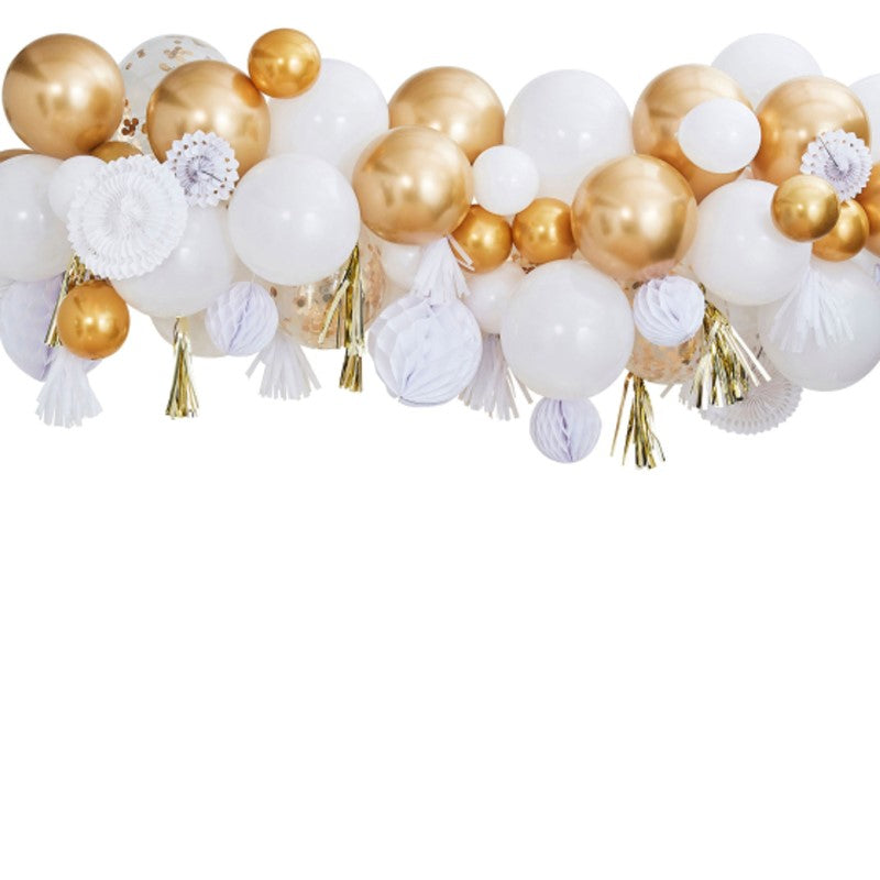 Gold balloon and fan garland backdrop featuring 80 balloons, honeycombs, and tassels, perfect for celebratory events.