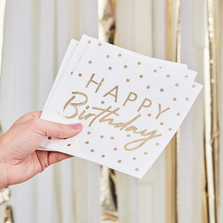 Gold foiled "Happy Birthday" napkins, 16-pack, elegant design perfect for celebrating, measuring 18cm x 17cm.