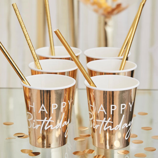 Pack of 8 elegant 9oz disposable cups featuring shimmering gold 'Happy Birthday' print for stylish celebrations.