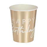 Elegant 9oz gold 'Happy Birthday' cups, perfect for stylish celebrations, eco-friendly, pack of 8 for unforgettable toasts.