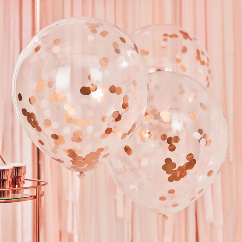 Giant rose gold and blush confetti balloons, 22 inches, adding elegance to any celebration with shimmering confetti accents.