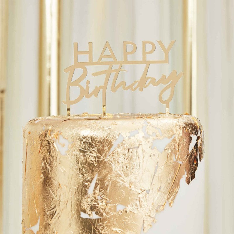 Gold acrylic "Happy Birthday" cake topper, 10cm x 12cm, perfect for adding elegance to any birthday cake celebration.