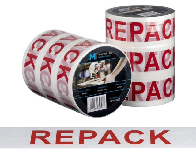 Premium Message Tape Repack with bold prints, 48mm x 100m, 50mu thickness, perfect for safe shipping and clear communication.