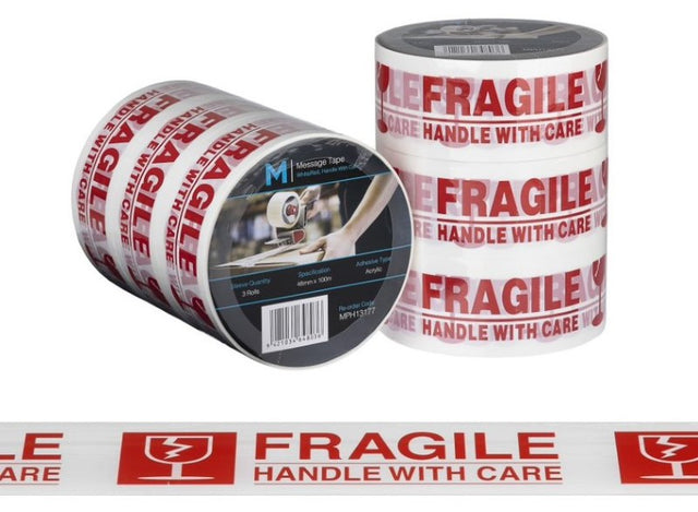 Message tape with bold 'Handle With Care' print, 48mm x 100m size, durable polypropylene, 36 rolls for safe packaging.