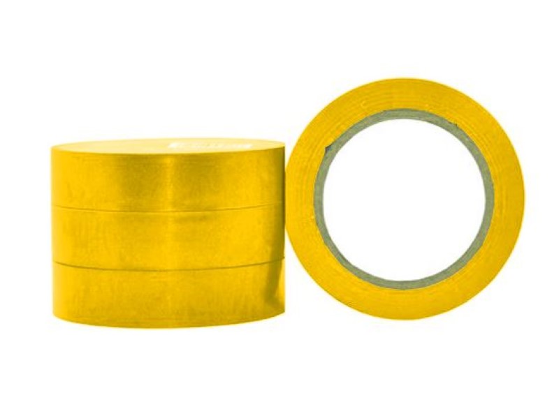 Vibrant yellow PVC electrical insulation tape, 18mm x 20m, 180mu thick, flame retardant and ideal for safety in electrical projects.