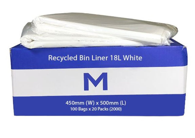 Eco-friendly FP Recycled Bin Liner 18L in white, 20mu thick, ideal for waste containment in various settings. Box of 2400.