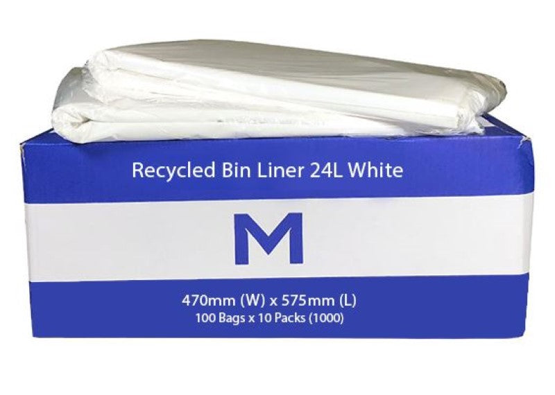 Eco-friendly 24L white recycled bin liners, 470mm x 575mm, durable, puncture-resistant, box of 1000 for sustainable waste management.
