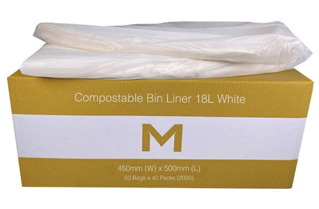 Compostable bin liners, 18L, white, made from organic plant materials, eco-friendly, biodegradable in home composting.