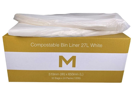 Compostable bin liners in white, 27L size, 510mm x 650mm, eco-friendly and durable, box of 1350 for sustainable waste management.