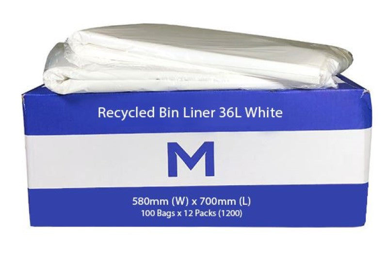 Eco-friendly 36L white bin liners, 580mm x 700mm, made from recycled plastic, durable and odor-controlling, box of 1200.