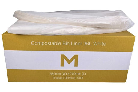 FP Compostable Bin Liner 36L in white, eco-friendly, fits 36L bins, made from renewable corn, box of 1200 liners.