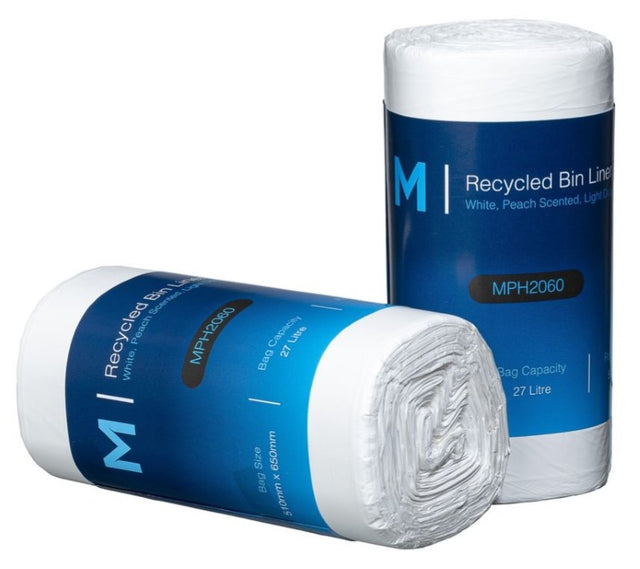 Box of 1500 white peach-scented recycled bin liners, measuring 510mm x 650mm, ideal for eco-friendly waste management.