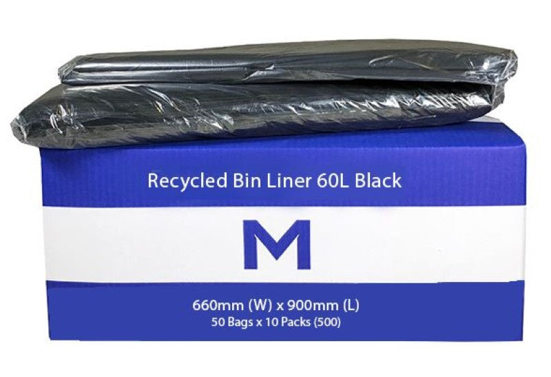 Eco-friendly 60L black bin liners, 660mm x 900mm, 20mu thickness, box of 500 for reliable waste management.
