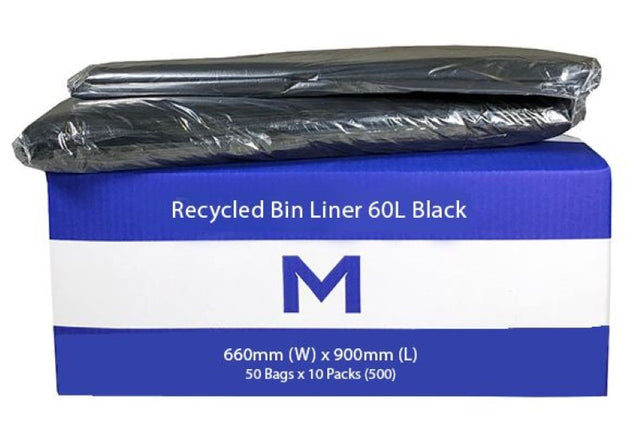 Eco-friendly 60L black bin liners, 660mm x 900mm, 20mu thickness, box of 500 for reliable waste management.