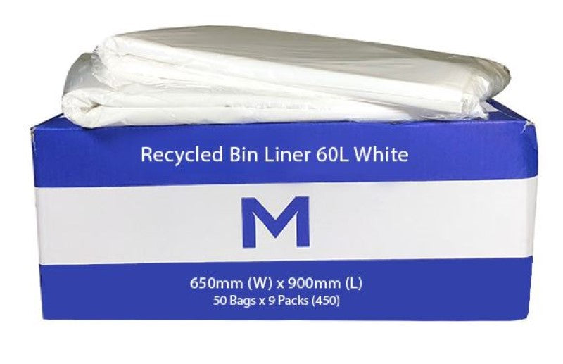 Eco-friendly 60L white bin liners, 650mm x 900mm, made from recycled plastic, with strong leak-proof and odor-resistant features.