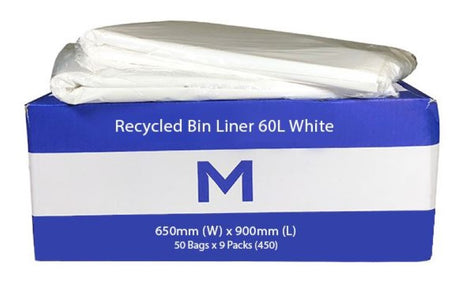 Eco-friendly 60L white bin liners, 650mm x 900mm, made from recycled plastic, with strong leak-proof and odor-resistant features.