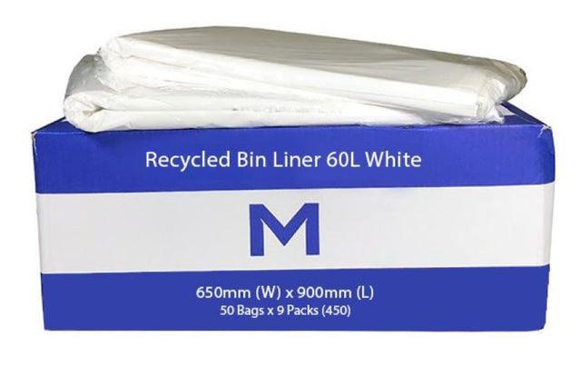 Eco-friendly 60L white bin liners, 650mm x 900mm, made from recycled plastic, with strong leak-proof and odor-resistant features.