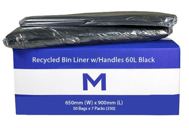 Durable 60L black recycled bin liners with handles, offering puncture strength and leak-proof waste management. Box of 350.