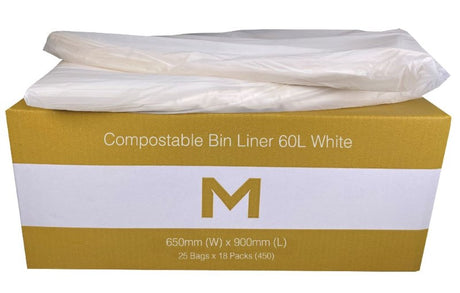 Eco-friendly 60L compostable bin liners, 650mm x 900mm, 30mu, box of 450, made from renewable plant materials.