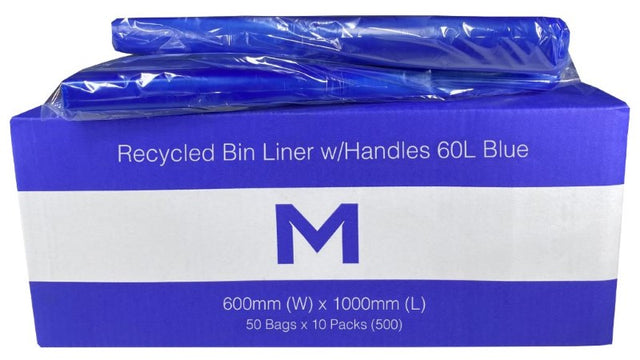Eco-friendly blue recycled bin liners with handles, 60L capacity, 600mm x 1000mm, durable and versatile for waste management.