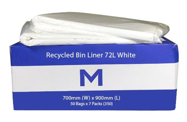 FP Recycled Bin Liner 72L - White, durable and eco-friendly, 700mm x 900mm, box of 350 for efficient waste management.