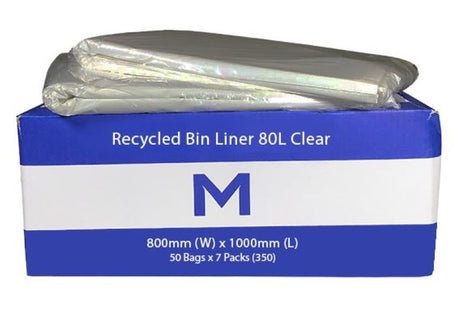 Clear 80L recycled bin liners, 800mm x 1000mm, strong and eco-friendly, perfect for various waste disposal needs. Box of 350.