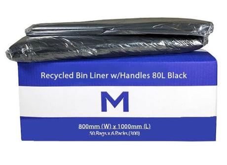 Eco-friendly 80L black bin liners with handles, 800mm x 1000mm, thick 30mu, puncture-resistant, box of 300.