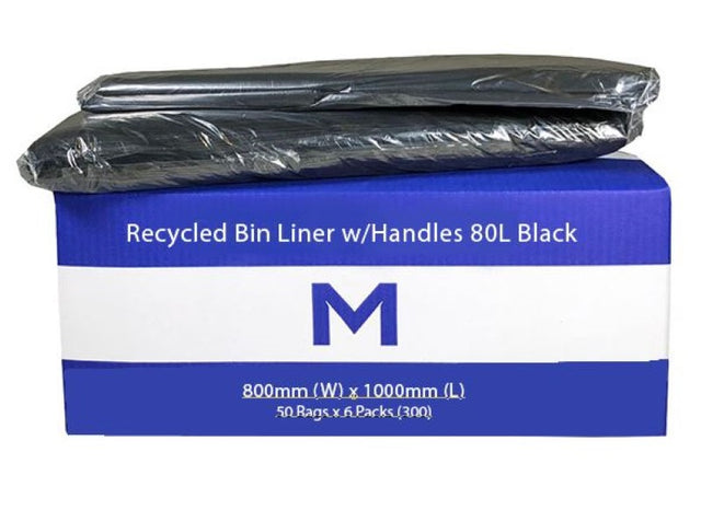 Eco-friendly 80L black bin liners with handles, 800mm x 1000mm, thick 30mu, puncture-resistant, box of 300.