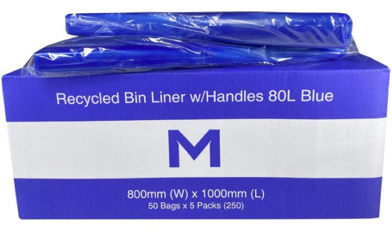 Blue recycled bin liners with handles, 80L, durable, 800mm x 1000mm, eco-friendly, box of 250 for efficient waste management.