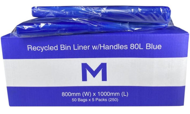 Blue recycled bin liners with handles, 80L, durable, 800mm x 1000mm, eco-friendly, box of 250 for efficient waste management.
