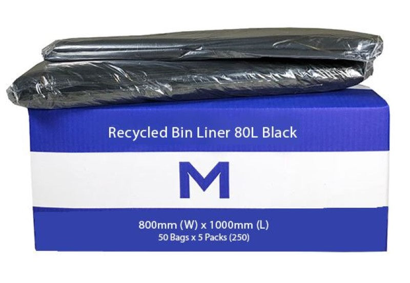 Black 80L recycled bin liners, 800mm x 1000mm, 40mu thickness, eco-friendly, leak-proof, box of 250 for waste management.