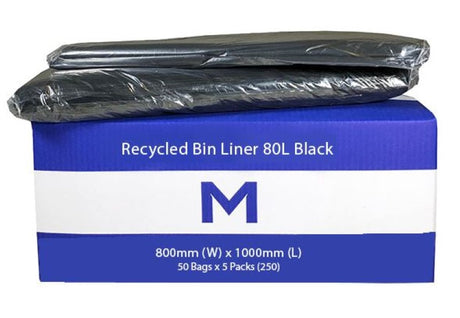 Black 80L recycled bin liners, 800mm x 1000mm, 40mu thickness, eco-friendly, leak-proof, box of 250 for waste management.