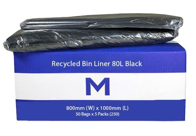 Black 80L recycled bin liners, 800mm x 1000mm, 40mu thickness, eco-friendly, leak-proof, box of 250 for waste management.
