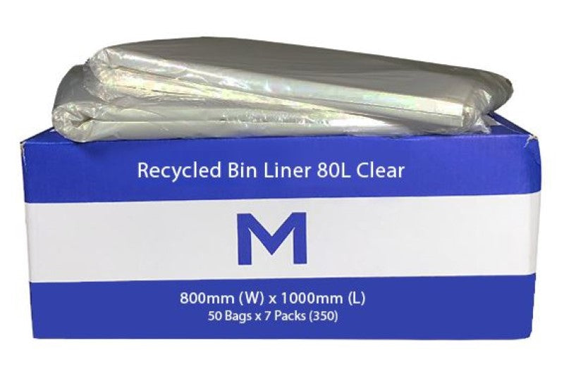Clear 80L recycled bin liners, 800mm x 1000mm, 40mu thickness, eco-friendly, durable, leak-proof, 250 bags per box.