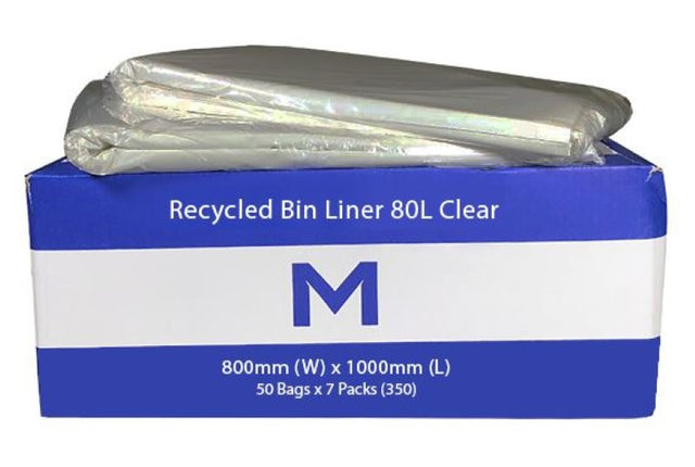 Clear 80L recycled bin liners, 800mm x 1000mm, 40mu thickness, eco-friendly, durable, leak-proof, 250 bags per box.