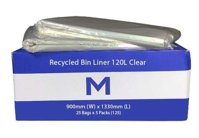 Clear 120L recycled bin liners, 900mm x 1330mm, 50mu thick, strong, eco-friendly, ideal for waste disposal and recycling.