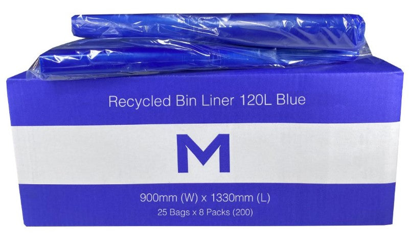 Blue recycled bin liners for 120L bins, 900mm x 1330mm, 30mu thick, eco-friendly and durable, box of 200 for waste management.