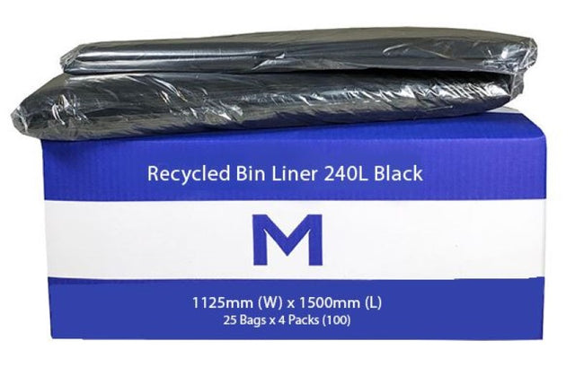 FP Recycled Bin Liner 240L in black, 1125mm x 1500mm, durable 50mu material, eco-friendly, box of 100 for waste management.