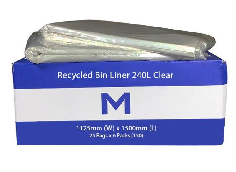 Clear 240L recycled bin liners in a box of 150, durable, eco-friendly, and designed for optimal waste management and odor control.