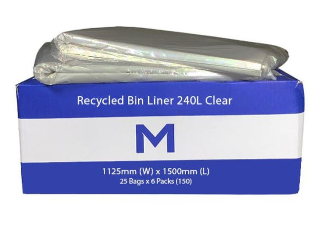 Clear 240L recycled bin liners in a box of 150, durable, eco-friendly, and designed for optimal waste management and odor control.
